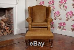 Leather Armchair High Back Wing Chair & Footstool in Vintage Tan leather UK Made