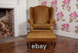 Leather Armchair High Back Wing Chair & Footstool in Vintage Tan leather UK Made