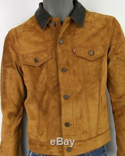 Levis Men's 100% Suede Leather Trucker Jacket Tobacco Tan Slim Fit Size Small