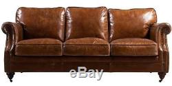 Luxury Distressed Vintage Tan Leather Handmade Sofa 3 Seater Settee Retro