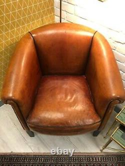 Luxury Tan Leather Vintage Dutch Sheepskin Tub Chair Armchair