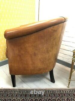 Luxury Tan Leather Vintage Dutch Sheepskin Tub Chair Armchair