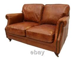 Luxury Vintage 2 Seater Distressed Tan Leather Sofa Settee