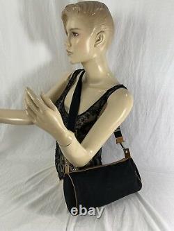 MOSCHINO Authentic Vintage Tan Patent Leather Trim and Black Canvas Shoulder Bag
