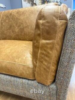Malone medium Halo style 3 Seater Sofa in Vintage Tan Leather & Harris Tweed