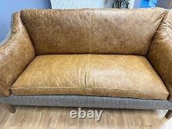 Malone medium Halo style 3 Seater Sofa in Vintage Tan Leather & Harris Tweed