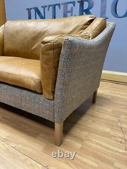 Malone petite Halo style 2 Seater Sofa in Vintage Tan Leather & Harris Tweed