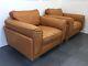 Matching Pair Of Large Modern Vintage Design Armchairs In Tan Aniline Leather