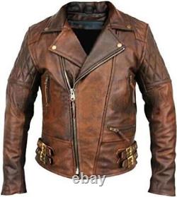 Men's Classic Retro Brando Biker Style Vintage Tan Brown Real Leather Jacket