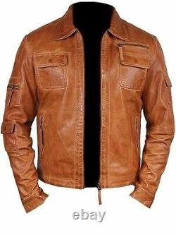 Men's Fashion Real Lambskin Tan Leather Waxed Brown Vintage Motorcycle Jacket
