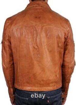 Men's Fashion Real Lambskin Tan Leather Waxed Brown Vintage Motorcycle Jacket