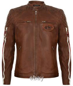 Men's Tan Leather Biker Jacket Vintage Motorbike Striped Badged Racing Jacket