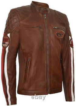 Men's Tan Leather Biker Jacket Vintage Motorbike Striped Badged Racing Jacket