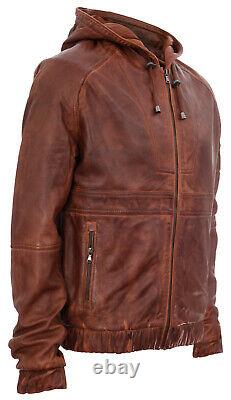 Men's Tan Vintage Retro Casual Zipped 100% Leather Hooded Bomber Biker Jacket