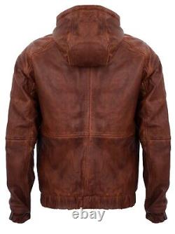 Men's Tan Vintage Retro Casual Zipped 100% Leather Hooded Bomber Biker Jacket