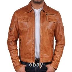 Men's Vintage Genuine tan Leather Bomber Jacket, Motorbike jacket