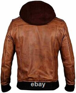 Men's Vintage Style Tan Brown Bomber Hoodie Motorcycle Biker Leather Jacket