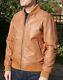 Men's Vintage Tan Leather Bomber Jacket Plain & Minimalist Size S (36-38)