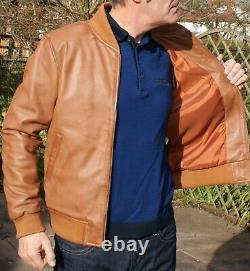 Men's Vintage Tan Leather Bomber Jacket Plain & Minimalist Size S (36-38)