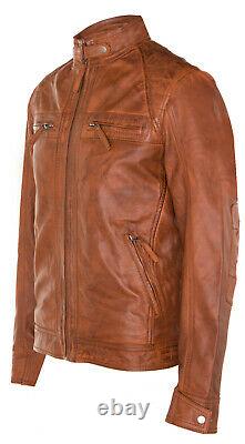 Men's Vintage Tan Leather Retro Jacket Classic Racing Quilted Biker Jacket