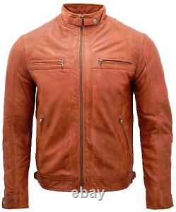 Men's Vintage Tan Retro Casual Zipped 100% Leather Racing Quilted Biker Jacket
