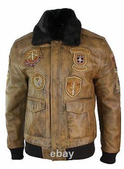 Mens Aviator Flying Pilot Bomber Jacket Vintage Tan Removable Black Fur Collar