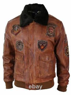 Mens Aviator Flying Pilot Bomber Jacket Vintage Washed Tan Black Fur Collar