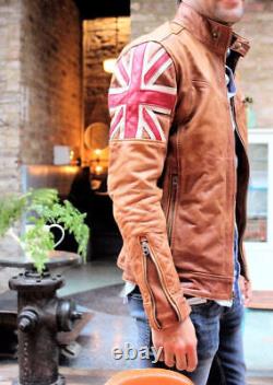 Mens Biker Vintage Motorcycle Tan Brown Cafe Racer UK Flag Real Leather Jacket