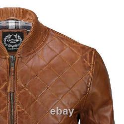 Mens Classic Tan Brown Real Leather Cross Quilted Bomber Jacket Vintage Biker
