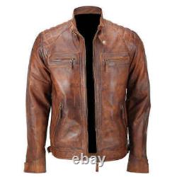 Mens Fitted Tan Black Red Brown Real Leather Biker Jacket Vintage