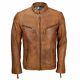 Mens Fitted Tan Brown Real Leather Biker Jacket Vintage Zipped Smart Casual Coat
