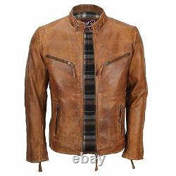 Mens Fitted Tan Brown Real Leather Biker Jacket Vintage Zipped Smart Casual Coat