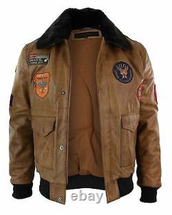 Mens Genuine Leather Air Force Pilot Bomber Jacket Tan Brown Badge Vintage Retro
