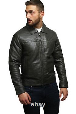 Mens Genuine Leather Motorbike jacket Classic Vintage Harrington Black/Tan/Olive