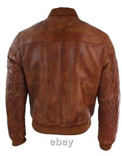 Mens Motorcycle Vintage Washed Tan Brown Real Leather Bomber Pilot Jacket