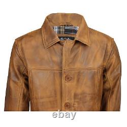 Mens Real Genuine Leather Tan Brown Vintage 4 Button Classic Reefer Jacket Coat