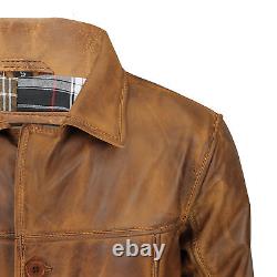 Mens Real Genuine Leather Tan Brown Vintage 4 Button Classic Reefer Jacket Coat