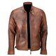 Mens Real Leather Biker Fitted Tan Brown Zipped Vintage Smart Casual Jacket Coat