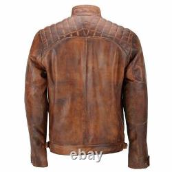 Mens Real Leather Biker Fitted Tan Brown Zipped Vintage Smart Casual Jacket Coat