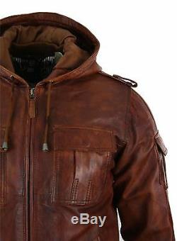 Mens Real Leather Hood Bomber Jacket Tan Timber Brown Washed Vintage Quilted