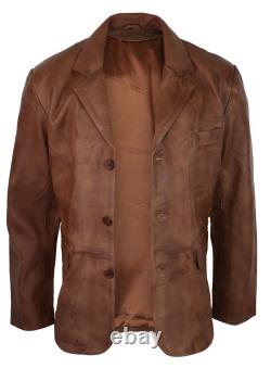 Mens Real Leather Jacket Black Smart Casual Classic Blazer Retro Vintage