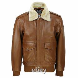 Mens Real Leather Tan Brown Vintage Pilot Removable Fur Collar Bomber Jacket