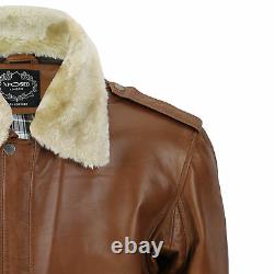 Mens Real Leather Tan Brown Vintage Pilot Removable Fur Collar Bomber Jacket
