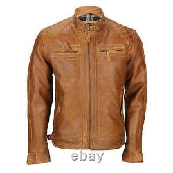 Mens Real Leather Washed Tan Rust Brown Vintage Zipped Smart Casual Biker Jacket