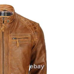 Mens Real Leather Washed Tan Rust Brown Vintage Zipped Smart Casual Biker Jacket