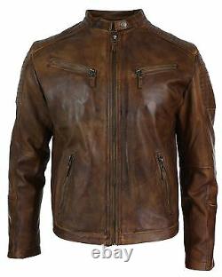 Mens Slim Fit Real Leather Vintage Retro Tan Brown Washed Biker Jacket Casual