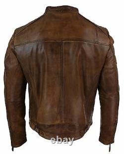 Mens Slim Fit Real Leather Vintage Retro Tan Brown Washed Biker Jacket Casual