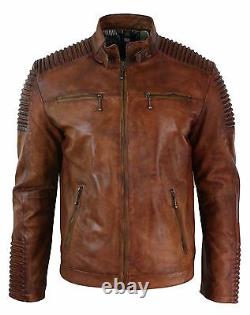 Mens Slim Fit Tan Brown Washed Vintage Real Leather Jacket Zipped Casual