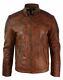 Mens Slim Fit Tan Brown Washed Vintage Real Leather Jacket Zipped Casual