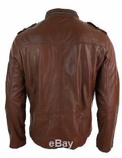 Mens Tan Brown Retro Biker Style Jacket Real Leather Soft Touch Vintage look